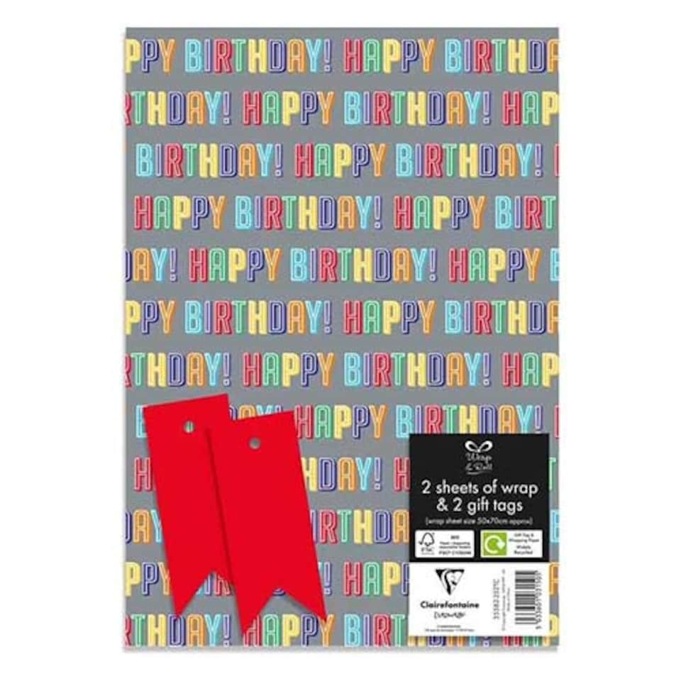 Vibrant Happy Birthday Gift Wrapping Paper Sheets with Tags - Pack of 2