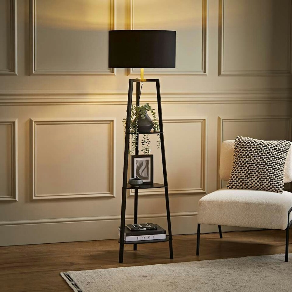 image 1 of ValueLights Hiru Black 3 Tier Floor Shelf Lamp Black Shade Black