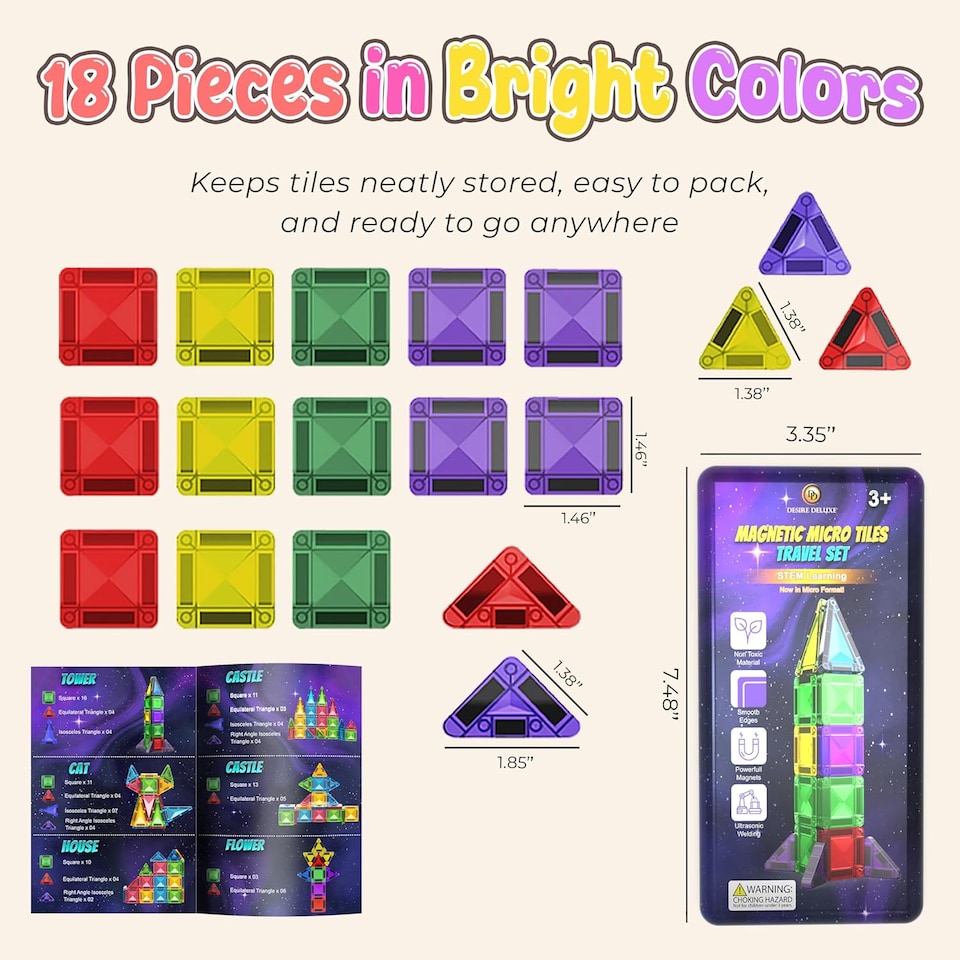 image 1 of Desire Deluxe Micro Magnetic Tiles Building Blocks Toy STEM Educational Travel Size Magnetics Blocks for Kids, Preschool Sensory Montessori Toddler Magnetic Toys for Boys & Girls 3 plus Years Old 18PCS Multicolour