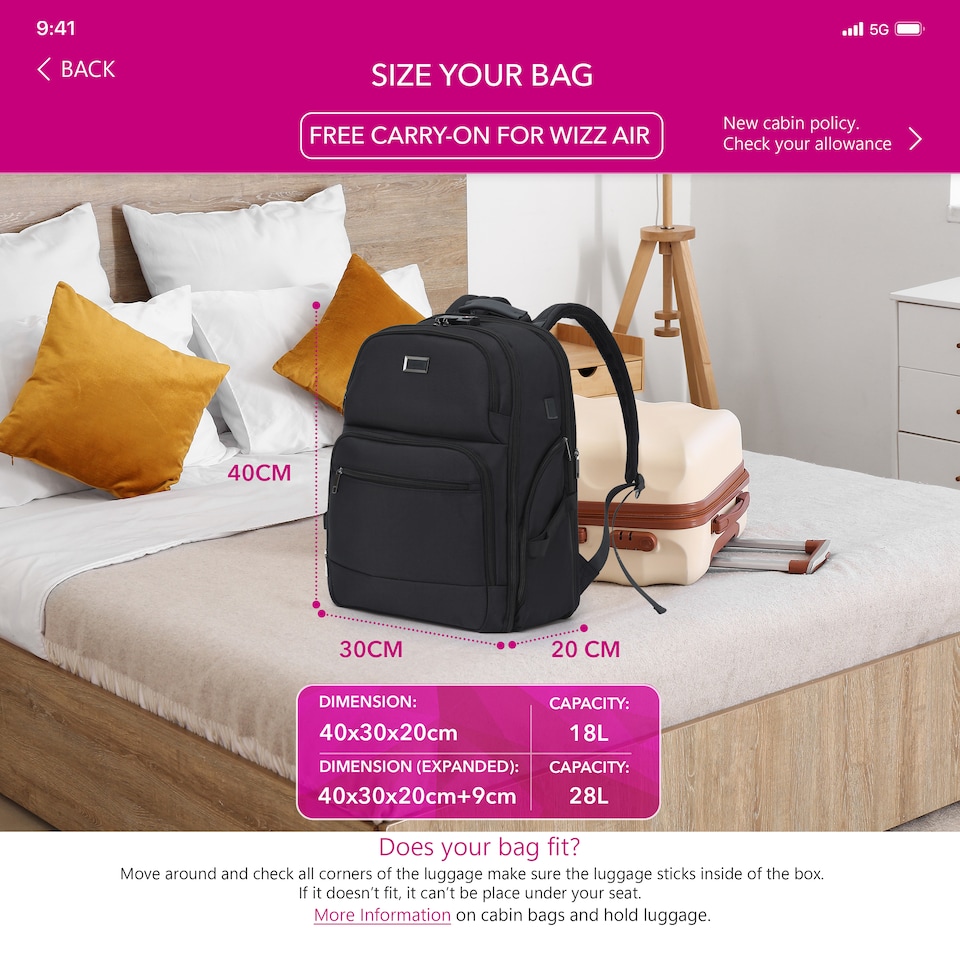 image 1 of Cabin Pro 'Stride' 40x30x20cm Wizz Air Cabin Bag Underseat Backpack for Travelling TSA Approved Lock Expandable Backpack - Carry on Luggage | Black | 1