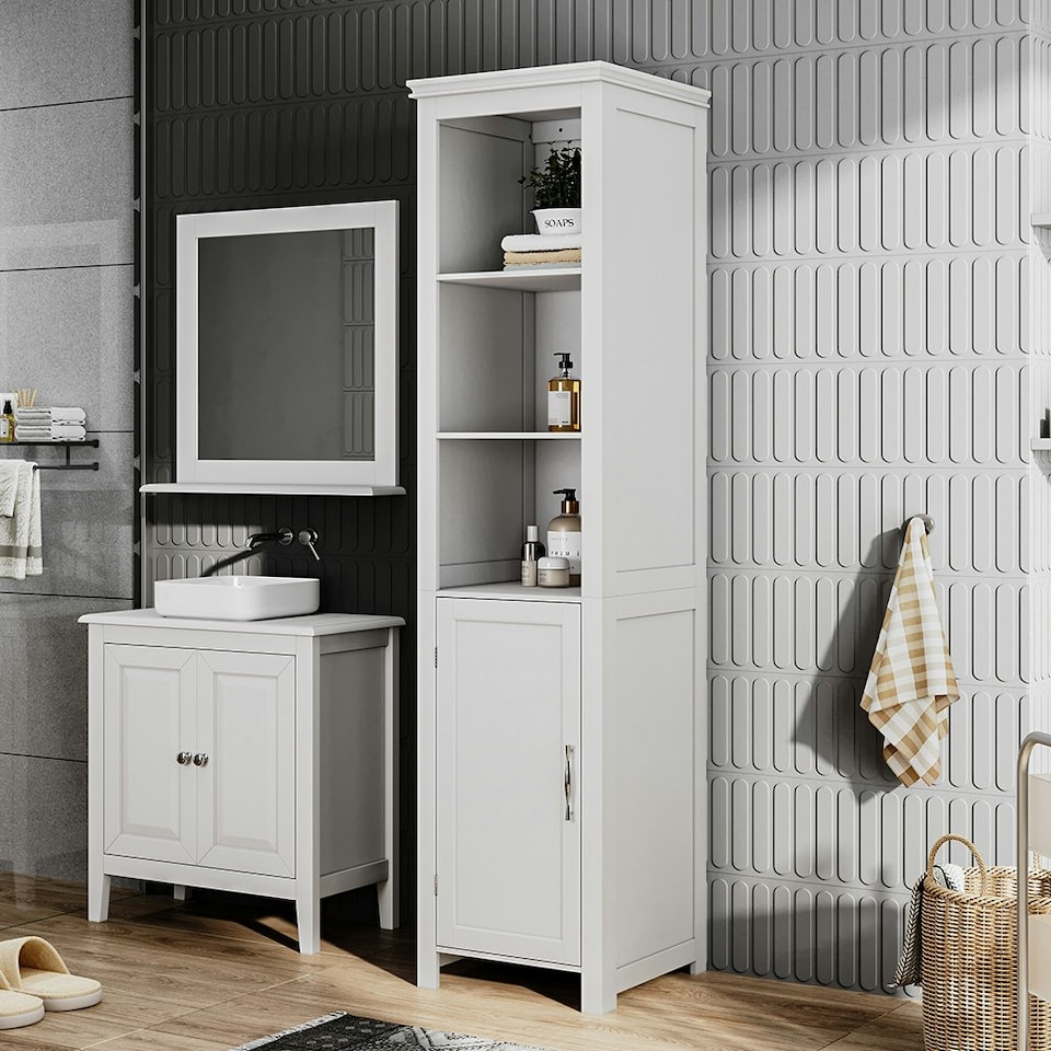 image 1 of Living and Home Rustic & 3 Shelves Freestanding Bathroom Tall Cabinet - White
