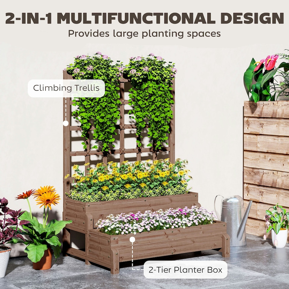 image 1 of Outsunny 2-Tier Wooden Raised Bed with Trellis and Drainage Holes Brown