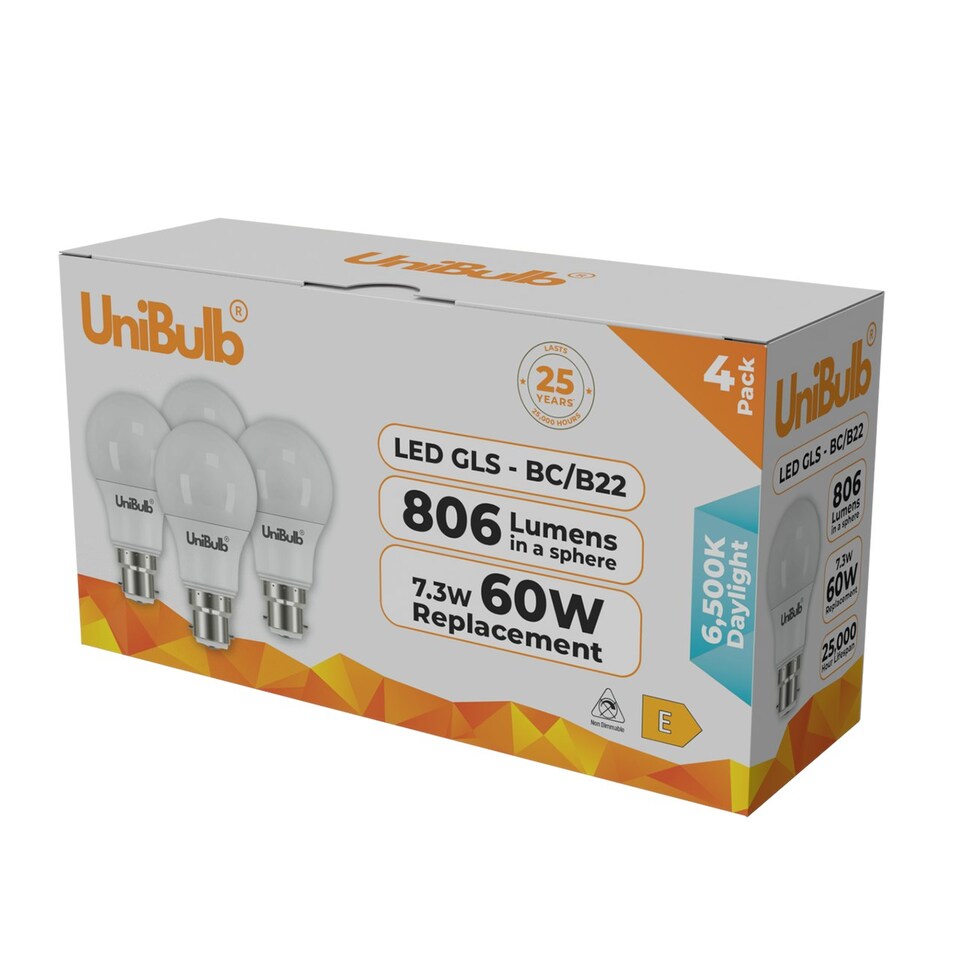 image 1 of UniBulb LED GLS B22 806lm 7.3W 6500K (Daylight) Light Bulb - Pack of 4