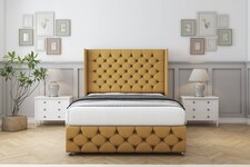 Sloomy Luthor Mustard Plush Divan Bed With Mattress 2 Drawers Footend With 54" Wingback Headboard & 12" Matching Footboard 5' King | Gold | Mustard | King | 1