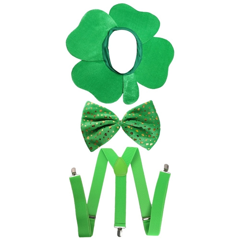 image 1 of Pack of 1 Irish Clover Hat Bow Tie + Braces Green | One Size