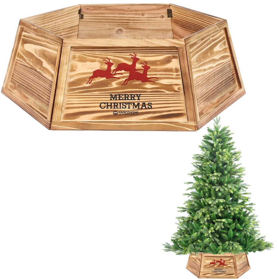 image 1 of 31.5 inch Hexagon Wooden Christmas Tree Collar with Burnt Finish for Festive Tree Stands