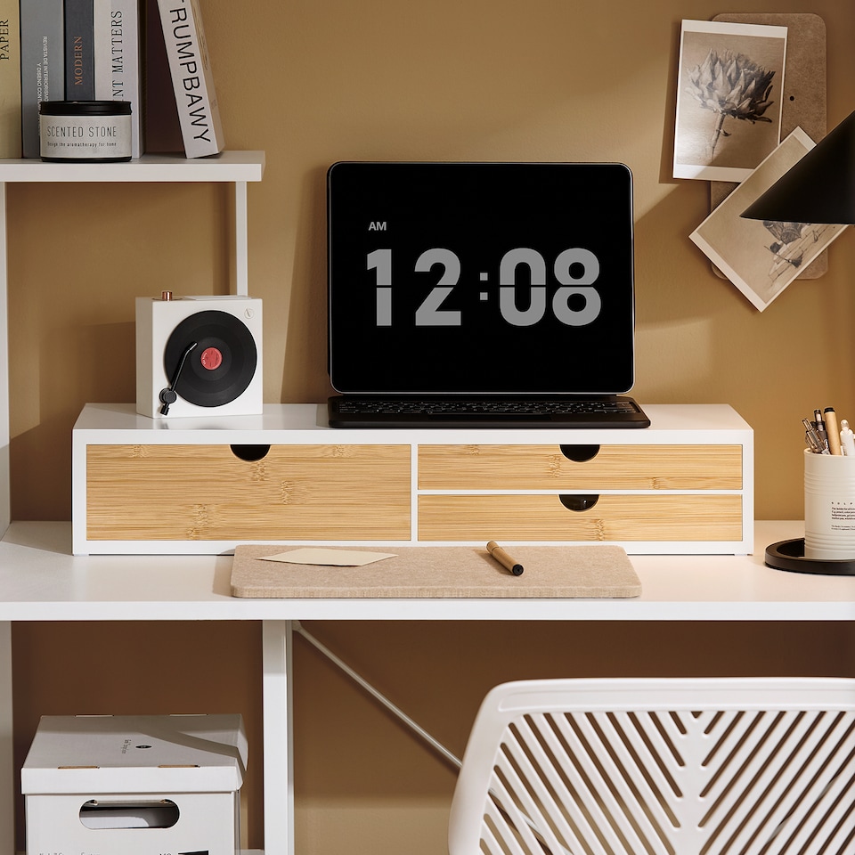 image 1 of SoBuy Monitor Stand with 3 Bamboo Drawers, White, 23.6x8.7x4.3 inches, 4.65 kg - BBF11-WN