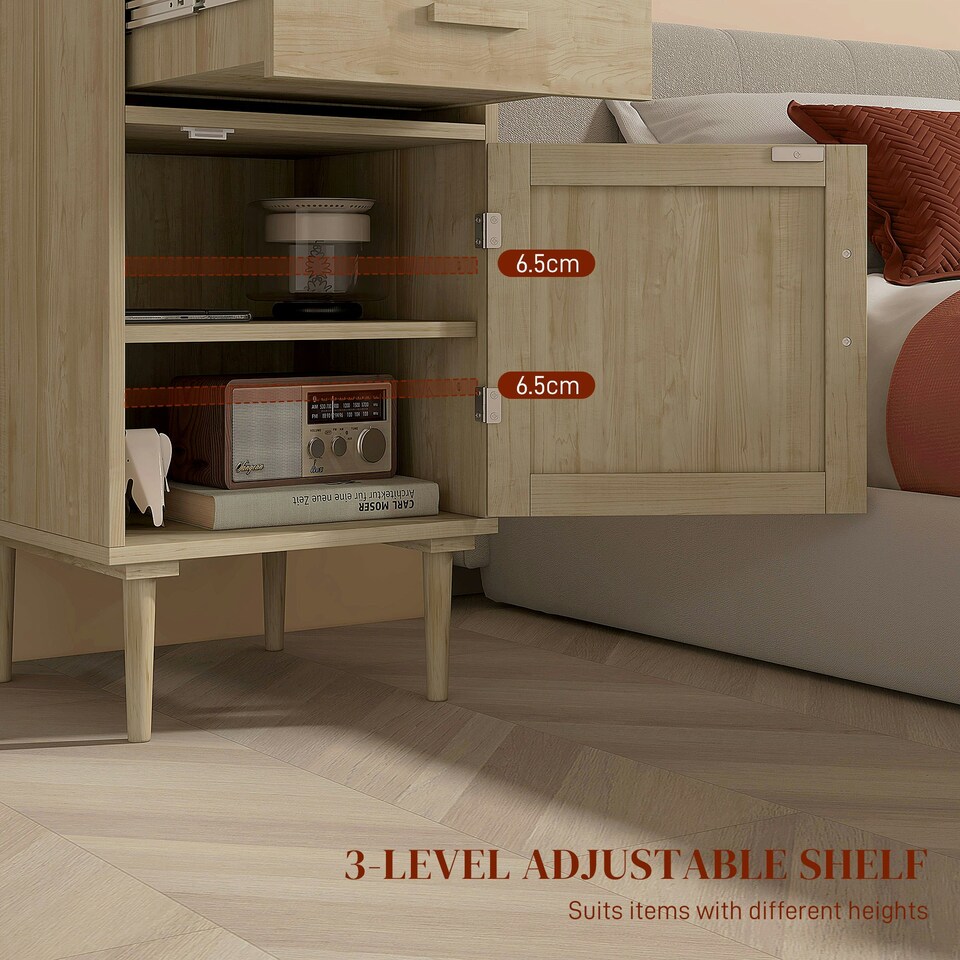 image 1 of HOMCOM Bedside Table with Rattan Drawer, Cabinet and Adjustable Shelf, Natural