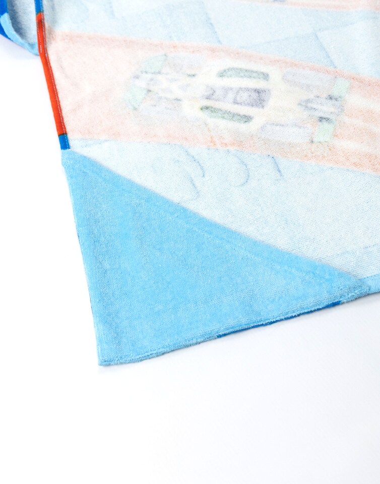 image 1 of Hot Wheels Race Track Boys Blue Poncho Towel | Hooded Beachwear with Multi-Car Graphics & Checkered Pattern | Poolside Cover-Up | After-Bath Towel for Kids | Hot Wheels Merch