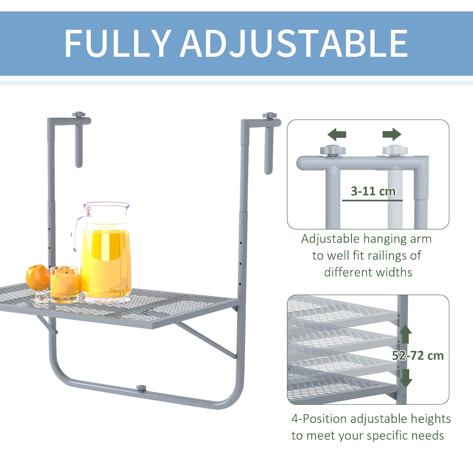 image 1 of Outsunny Balcony Hanging Table, Metal Wall Mount Desk, Adjustable Folding Balcony Deck Table for Patio and Garden, Grey | Grey | Grey