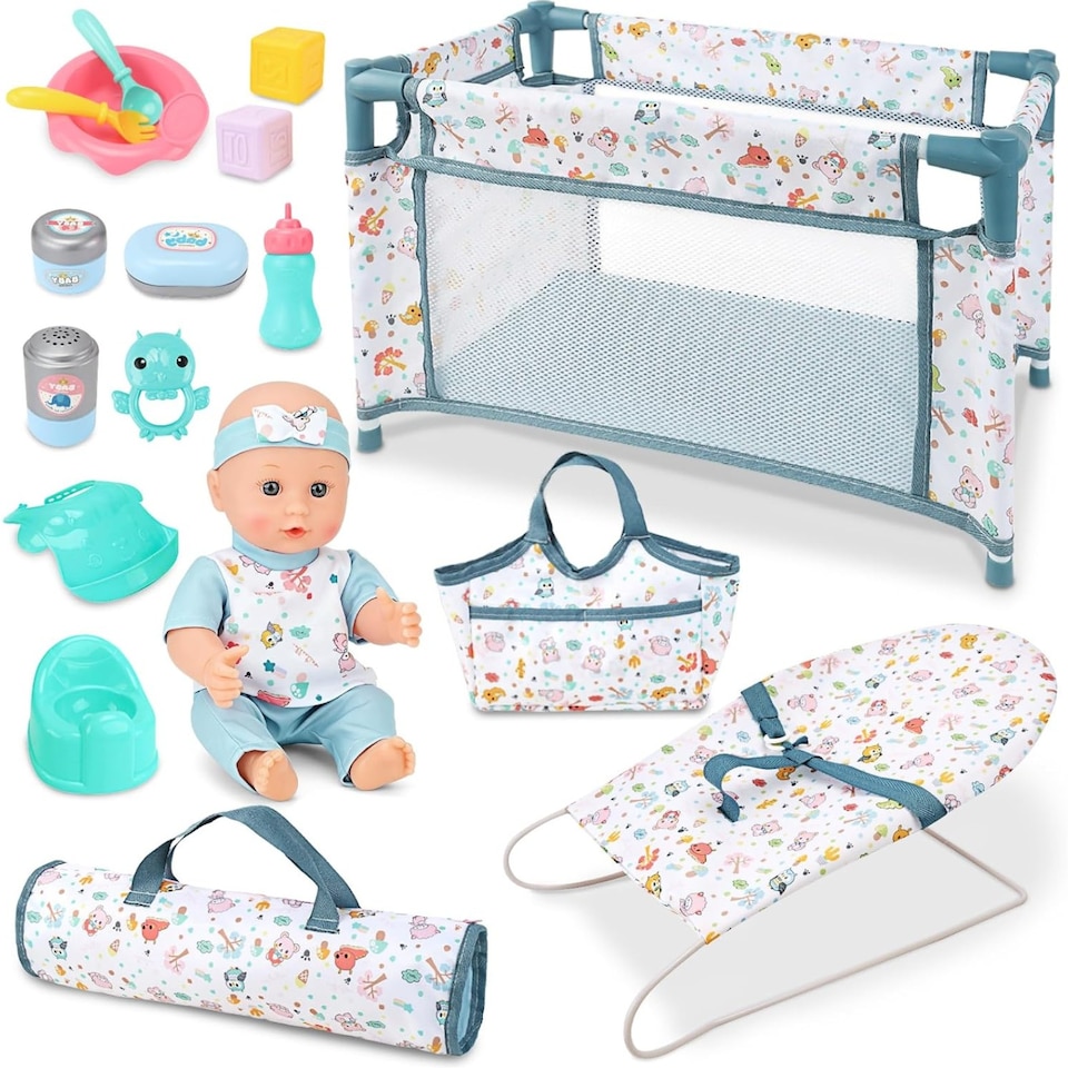 image 1 of 4‑in‑1 Baby Doll Playset – 12" Baby Doll with Crib, Rocking Chair, Storage Bags & Nursery Accessories – Pretend Play Baby Care Toy for Kids Ages 3+