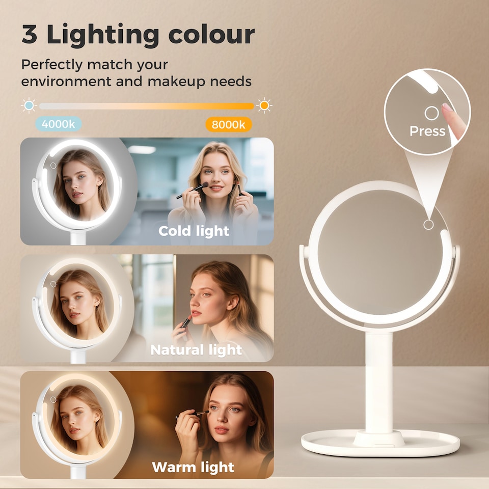 image 1 of Emitto 10X Magnifying Makeup Mirror Round 360° Rotation LED Light Double Side