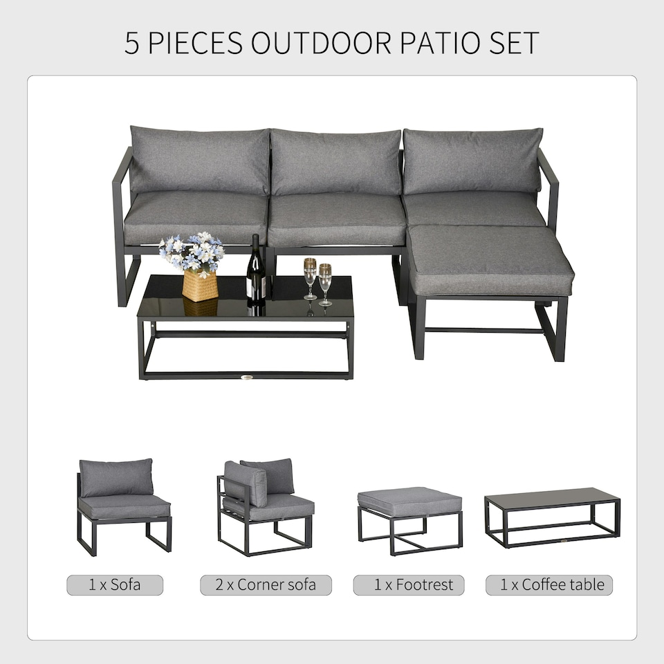 image 1 of Outsunny 5-Piece Outdoor Patio Set Padded Cushion Coffee Table