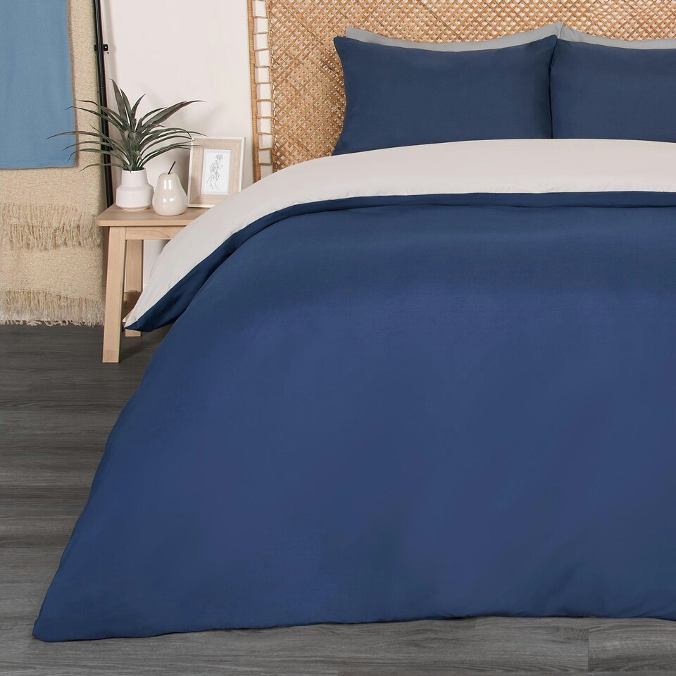 image 1 of OHS Microfibre Reversible Plain Duvet Cover and Pillowcase Set, Single - Grey/Navy Blue
