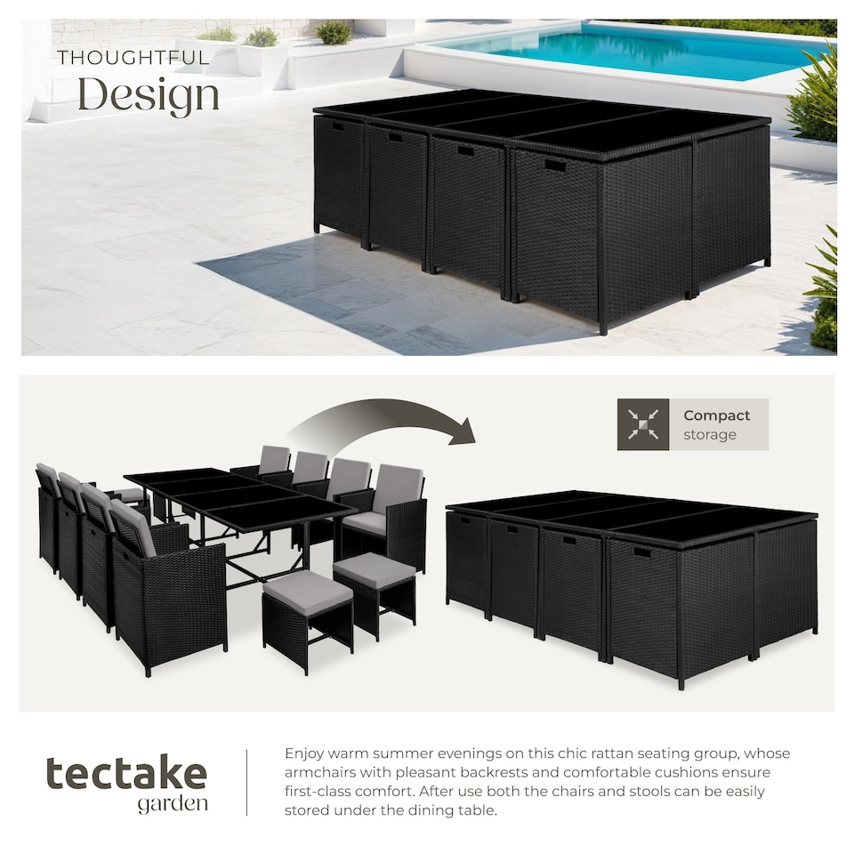 image 1 of Garden Table and Chairs Palma - 12 seats with cushions, dining table, rain cover | Black | black/grey | 53 x 53 x 87 cm | 1