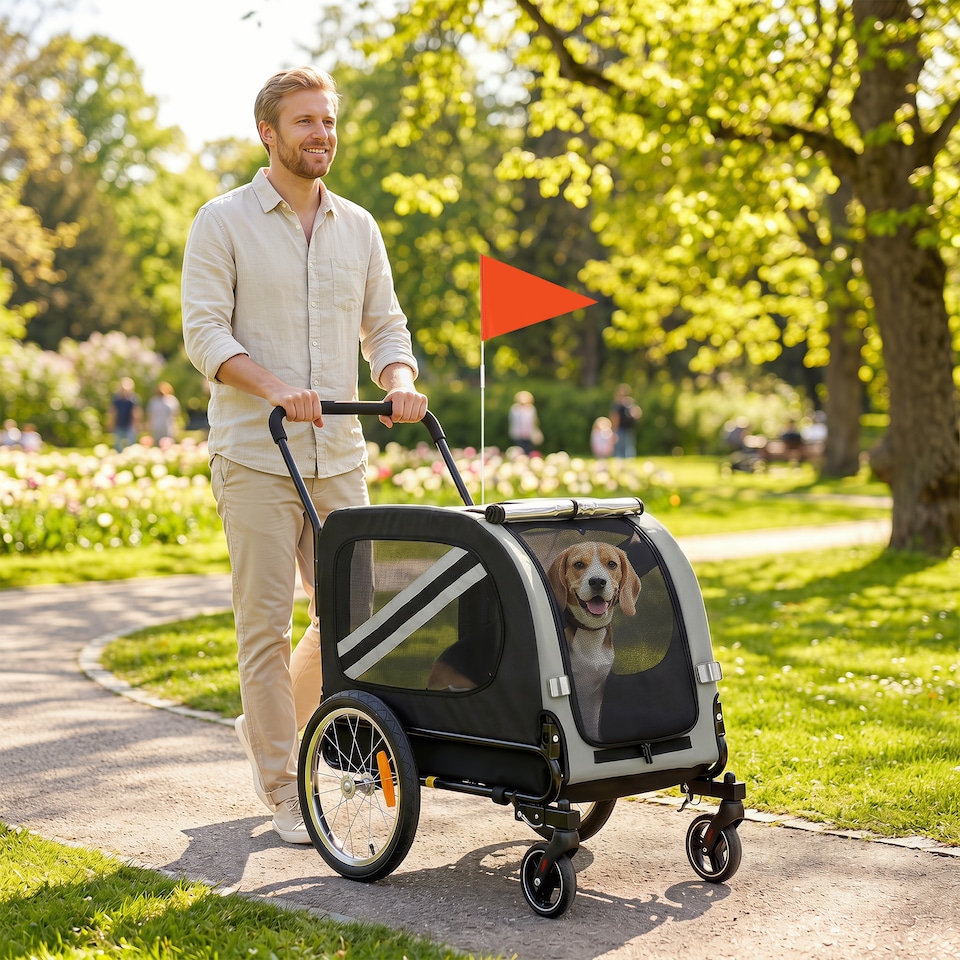 image 1 of PawHut 2-In-1 Dog Bike Trailer Stroller w/ Universal Wheel Reflector Flag