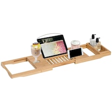 HOMCOM Extendable Bath Tub Bathroom Tray Bathtub Caddy Shelf Wine Holder Book