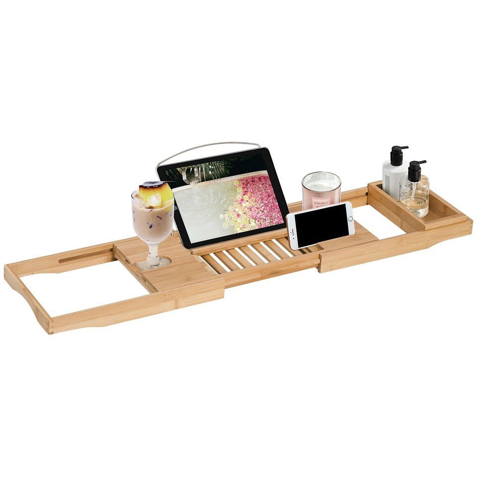 image 1 of HOMCOM Extendable Bath Tub Bathroom Tray Bathtub Caddy Shelf Wine Holder Book