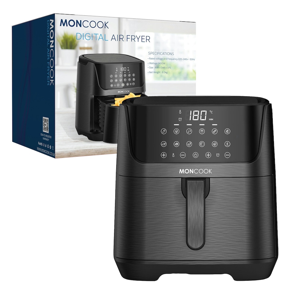image 1 of MONCOOK Digital Air Fryer - 6.5 L Oil-free Non Stick - 50 Airfryer Recipe Cookbook - 12 Pre-Set Programs - Chip Fryer, Adjustable Thermostat, LED Display, Timer