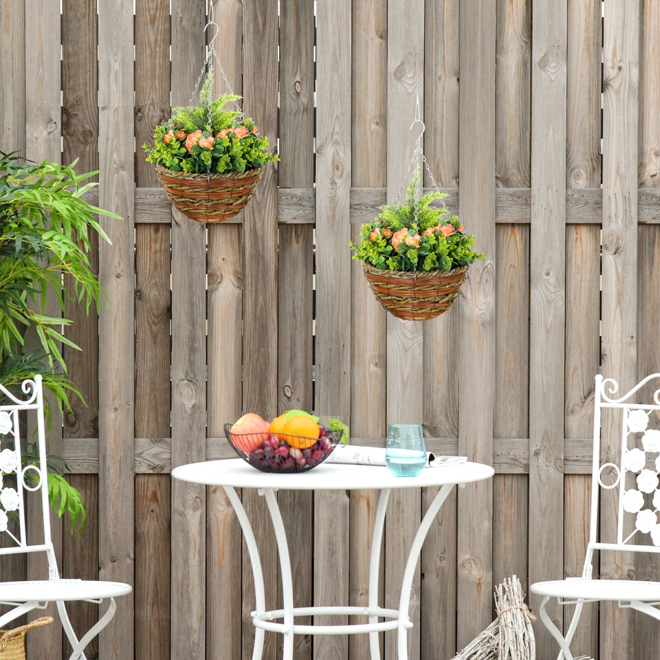 image 1 of Outsunny Pack of 2 FauPlant Artificial Lisianthus Flowers Hanging Planter with Basket for Indoor Decoration, Orange