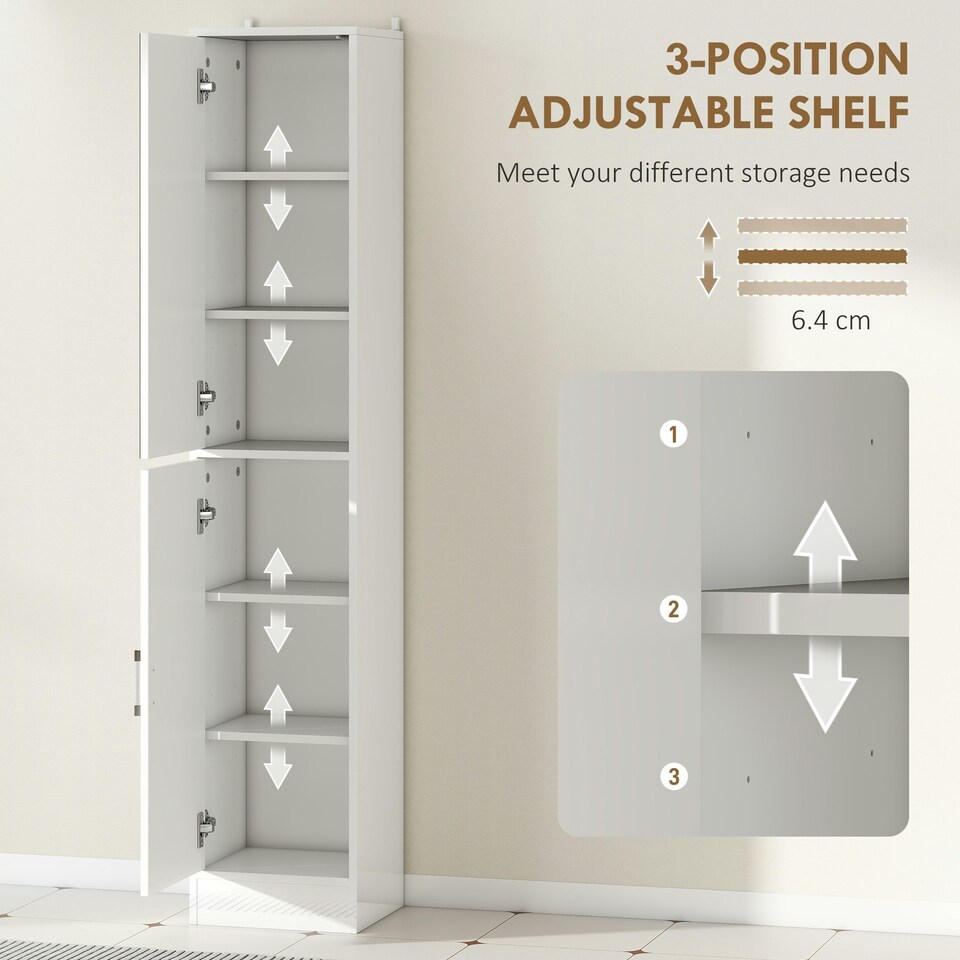 image 1 of kleankin Tall Bathroom Cabinet with Mirror, High Gloss White | White | 162H x 32W x 28D cm