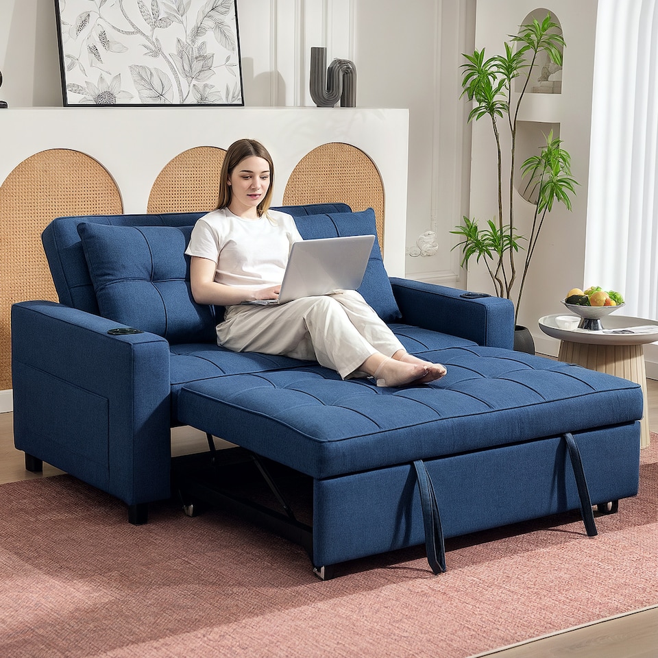image 1 of HOMCOM 2 Seater Pull Out Sofa Bed with Pockets for Living Room, Dark Blue