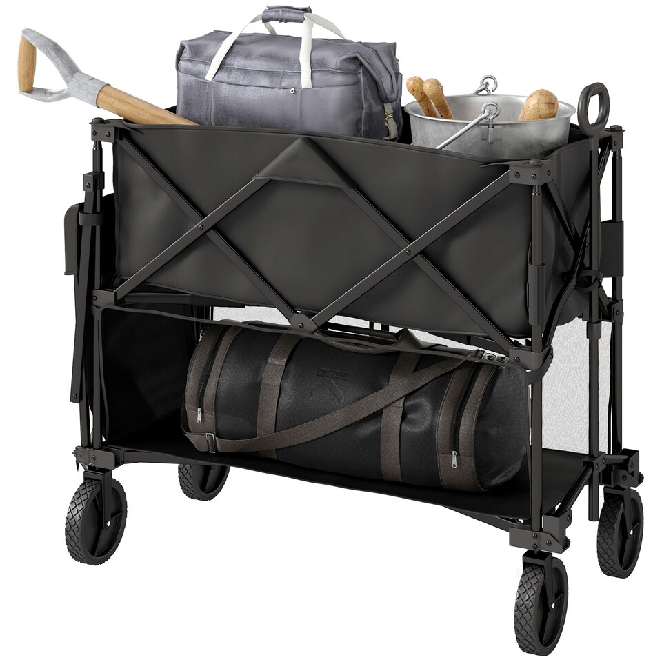 image 1 of Outsunny Double Decker Folding Trolley Cart on Wheels, 200KG Capacity Black