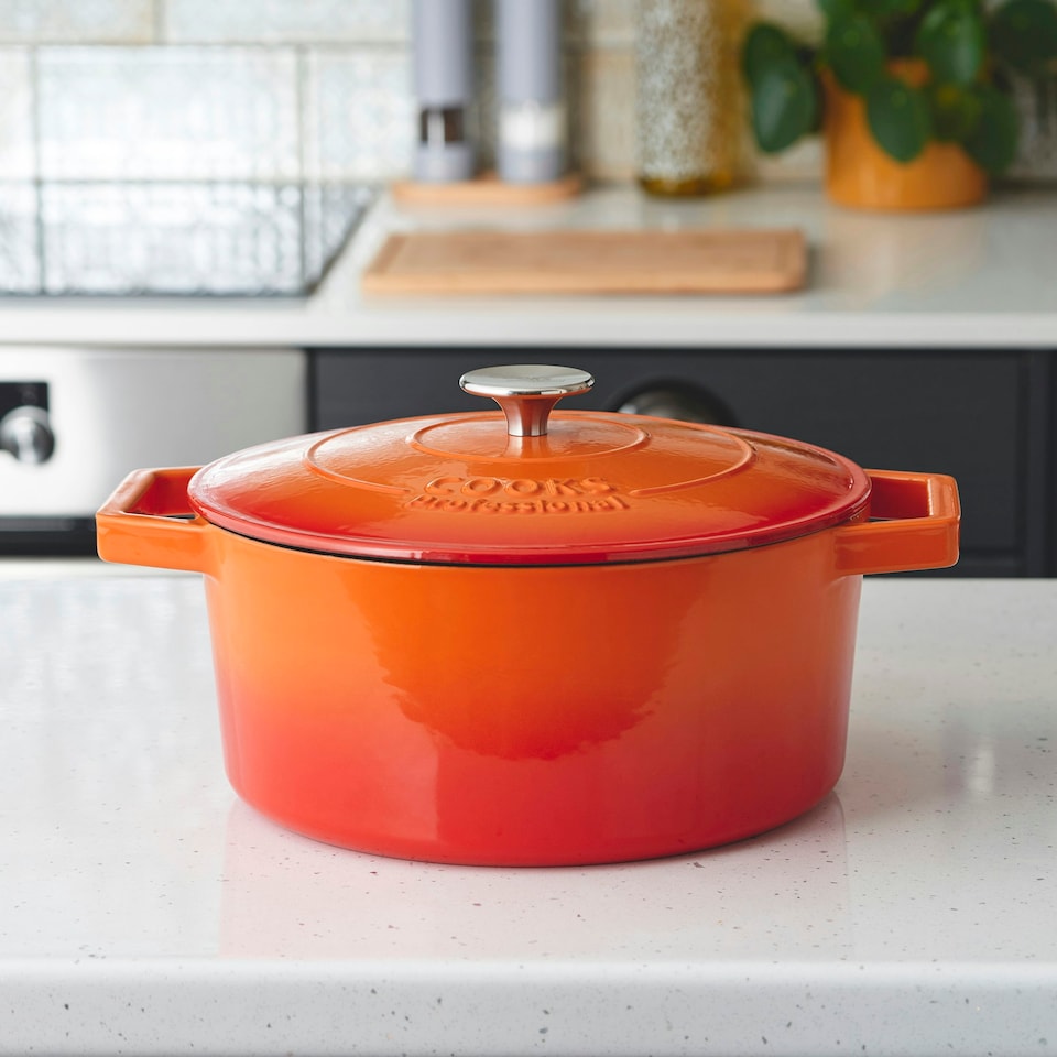 image 1 of Cooks Professional Cast Iron Casserole Set of 3 | 20cm, 26cm and 28cm | Enamelled Inside and Out | Graduated Orange