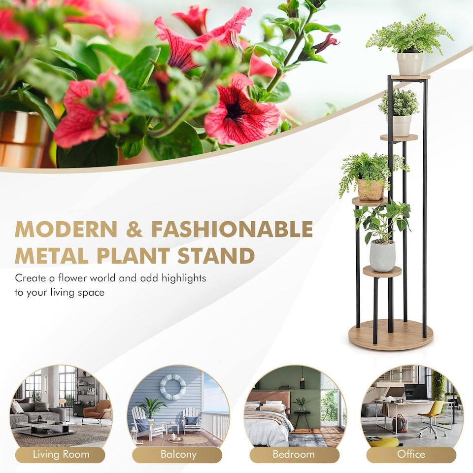 image 1 of COSTWAY 5 Tiers Tall Plant Stand  Flower Rack with Foot Pads Metal Display Pot Shelf Holder