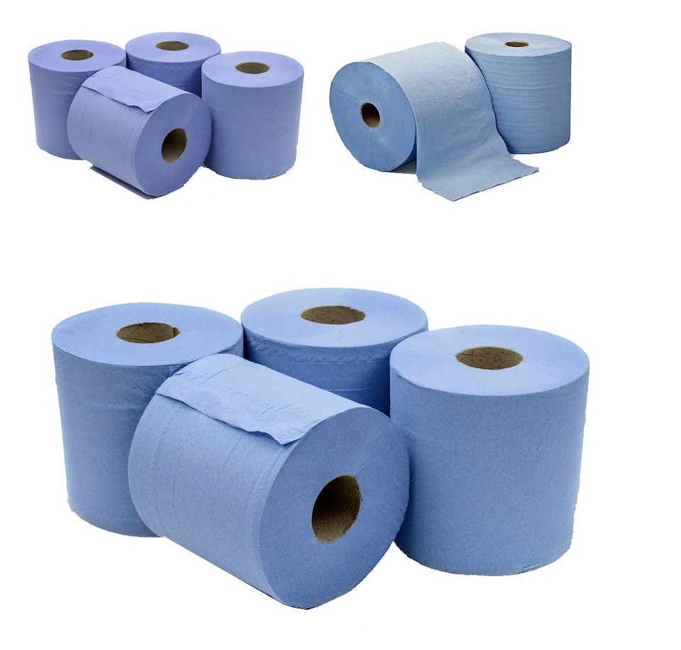 image 1 of 6 x Jumbo Workshop Hand Towels Rolls 2 Ply Centre Feed Wipes Embossed Tissue