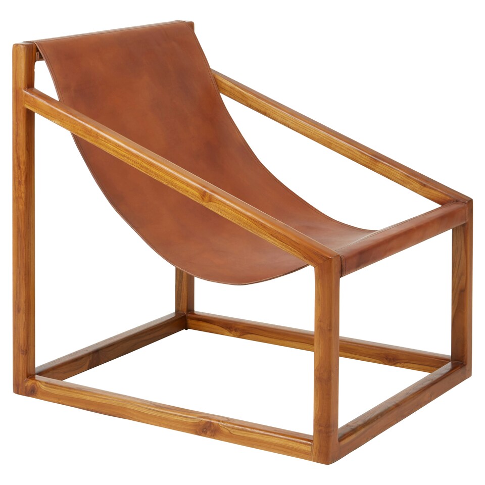 image 1 of Brown Cubic Frame Chair,Leather Upholstered Armchair,Teak Wood Accent Chair For Lounge,Comfy Patio Chair Brown