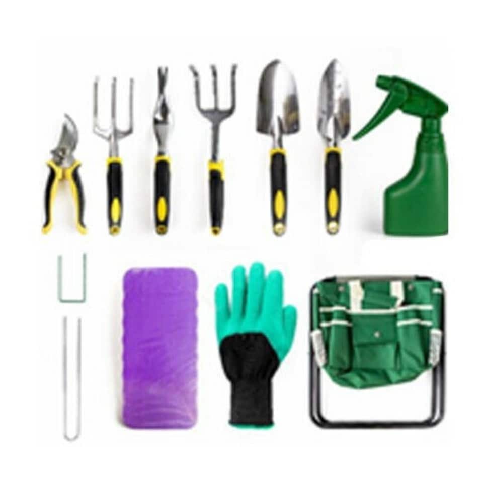 image 1 of 11 Piece Heavy Duty Garden Tool Set & Kit with Stool
