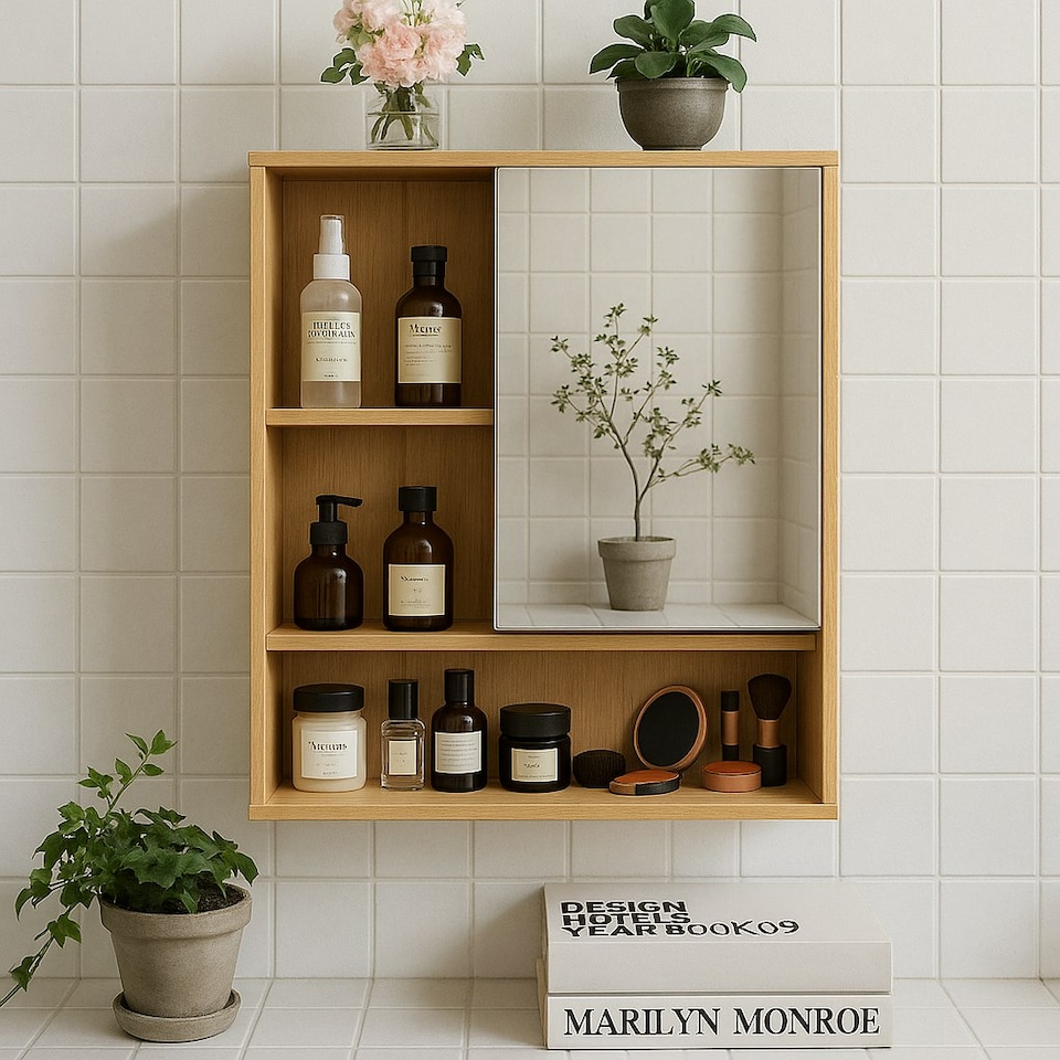 image 1 of Wooden Bathroom Wall Storage Cabinet Organiser Natural Brown Brown