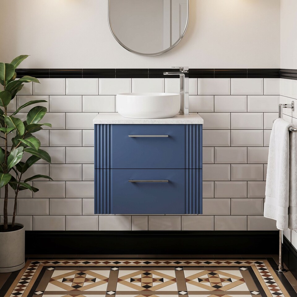 image 1 of Balterley Partial Fluted 2 Drawer Wall Hung Vanity Unit with Sparkling Laminate Worktop | Blue | Satin Blue