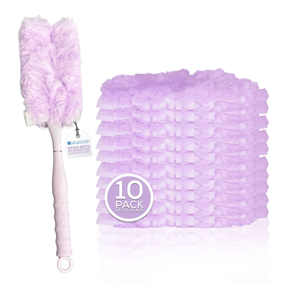 image 1 of Purple Feather Duster with 10 Pack Microfibre Refill Heads, Reusable Handle with Hanging Eye