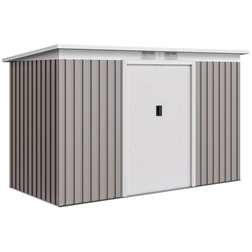 image 1 of Outsunny 9ft x 4ft Metal Garden Shed, Outdoor Tool House with Foundation Kit, Ventilations and Double Doors, Light Grey