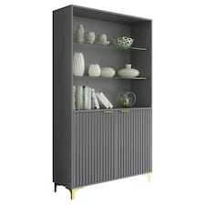 Grey Display Cabinet 100cm Ribbed Doors Gold Legs Modern Storage Unit | Grey