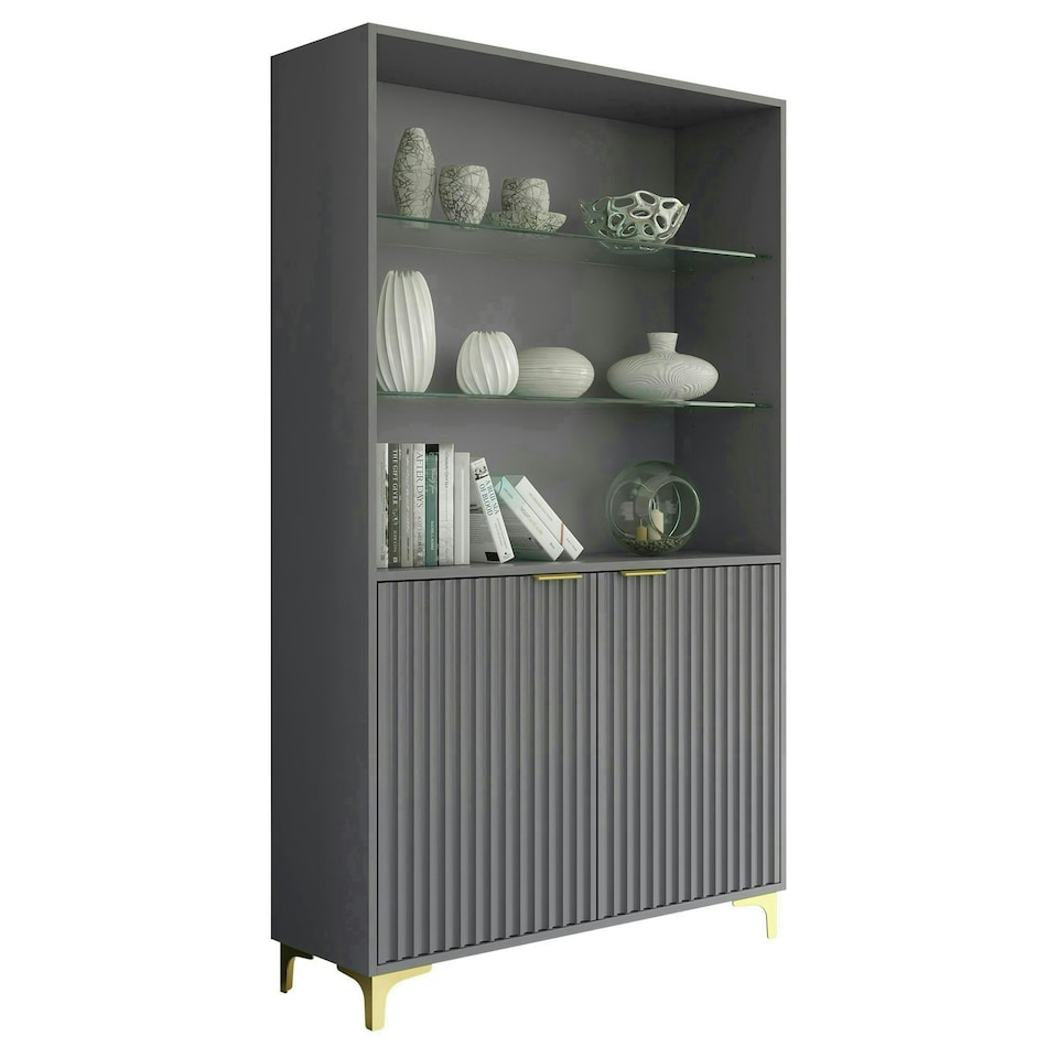 image 1 of Grey Display Cabinet 100cm Ribbed Doors Gold Legs Modern Storage Unit | Grey