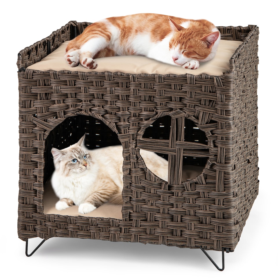 image 1 of COSTWAY Foldable 2-tier Rattan Cat House Wicker Kitten Condo With  Elevated Perch