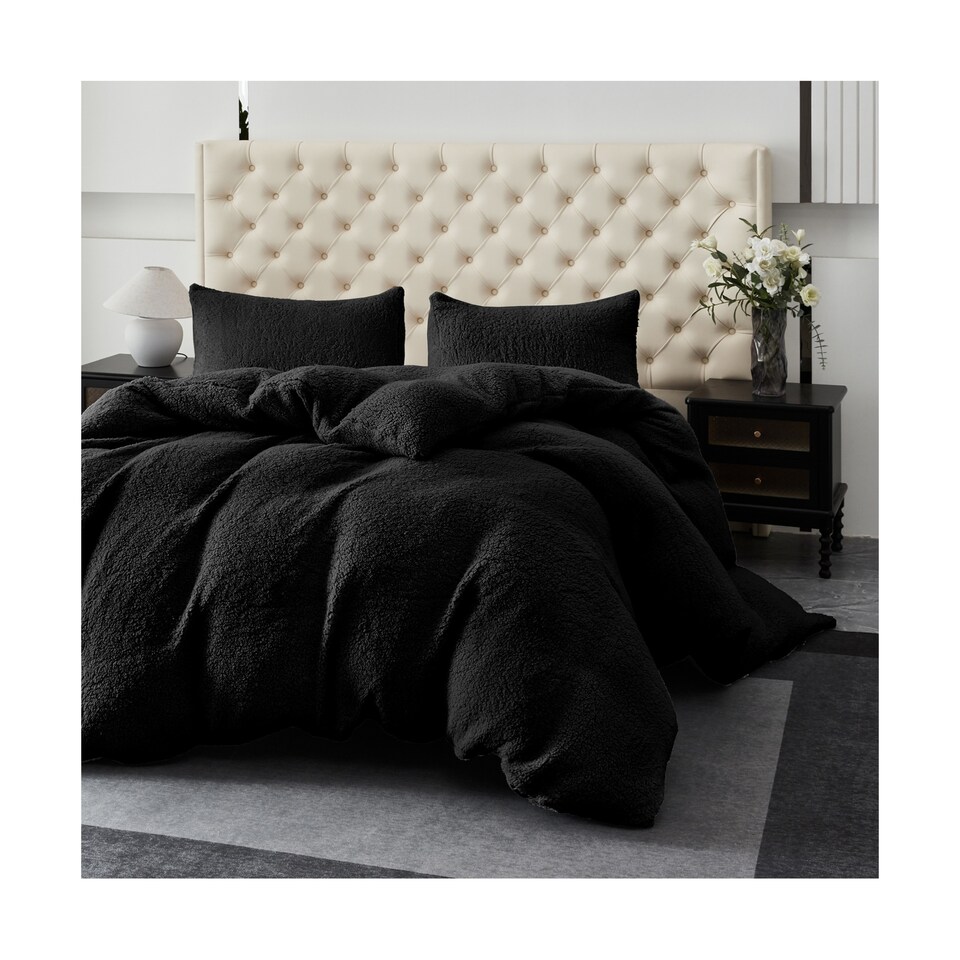 image 1 of Ezysleep Winter Soft Teddy Fleece Fabric Duvet Set Warm And Cosy Bedding | Black | Black