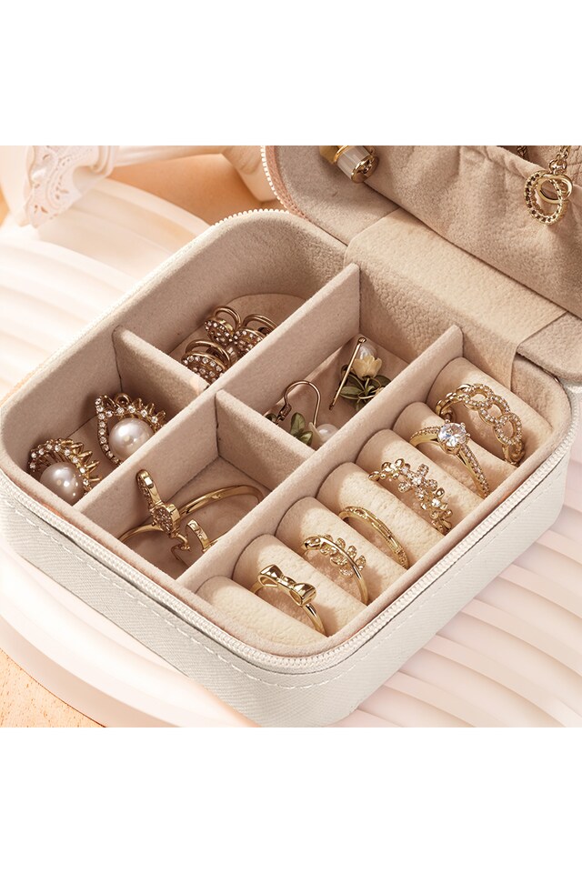 image 1 of Living and Home Portable Jewelry Organizer Box with Multiple Compartments-White | White