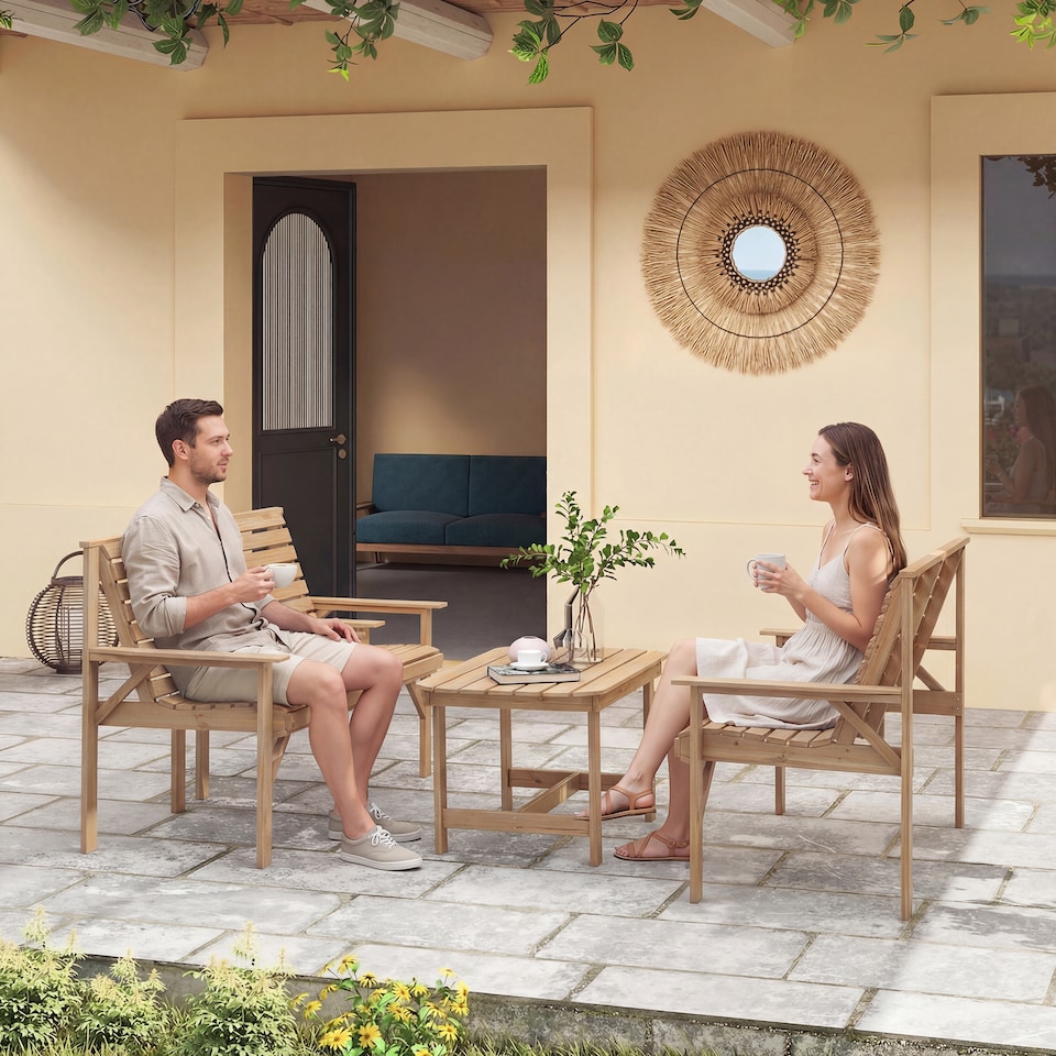 image 1 of Outsunny 4 Seater Garden Furniture Sofa Set with Curved Seat, Natural Wood | Brown | Natural wood finish | Four Seater