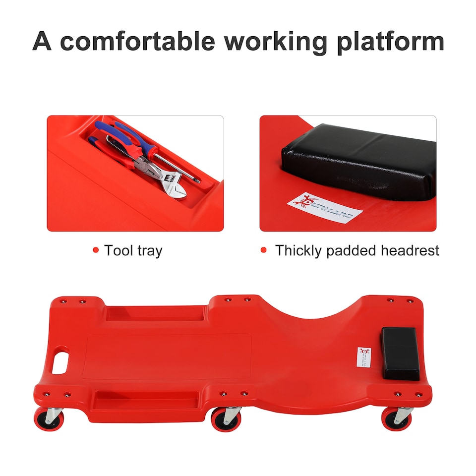 image 1 of DURHAND Mechanic Vehicle Creeper Under Car Repair Padded Headrest Rolling Moulded Workshop Garage Assistance with Tool Tray, Red