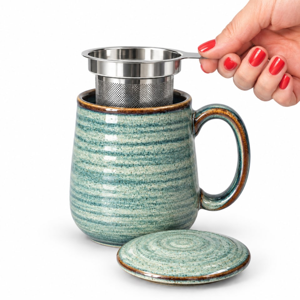 image 1 of Skandi Home 600ml Sea Green Reactive Glaze Ceramic Aska Infuser Mug with Lid