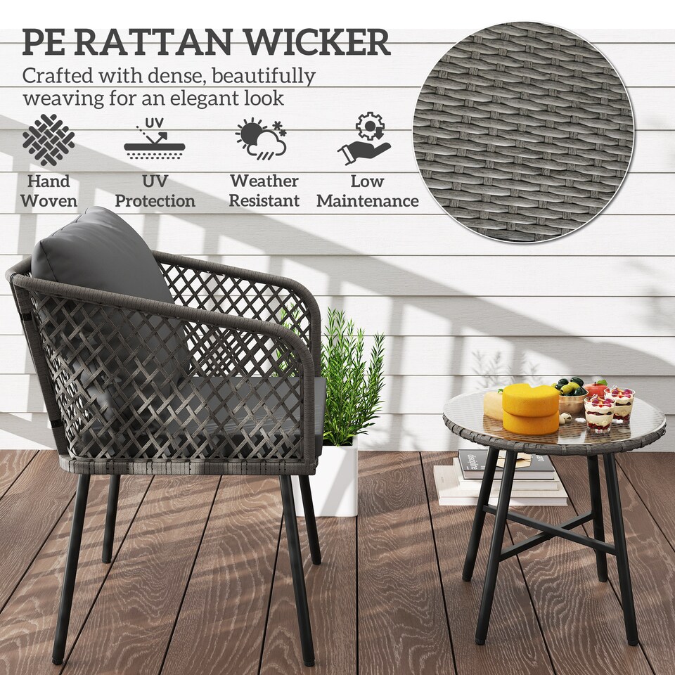 image 1 of Outsunny 3 Piece Rattan Bistro Set, Patio Wicker Conversation Furniture Set with 2 Chairs, Tempered Glass Table, Cushions, Adjustable Foot Pads, for Garden, Balcony, Grey