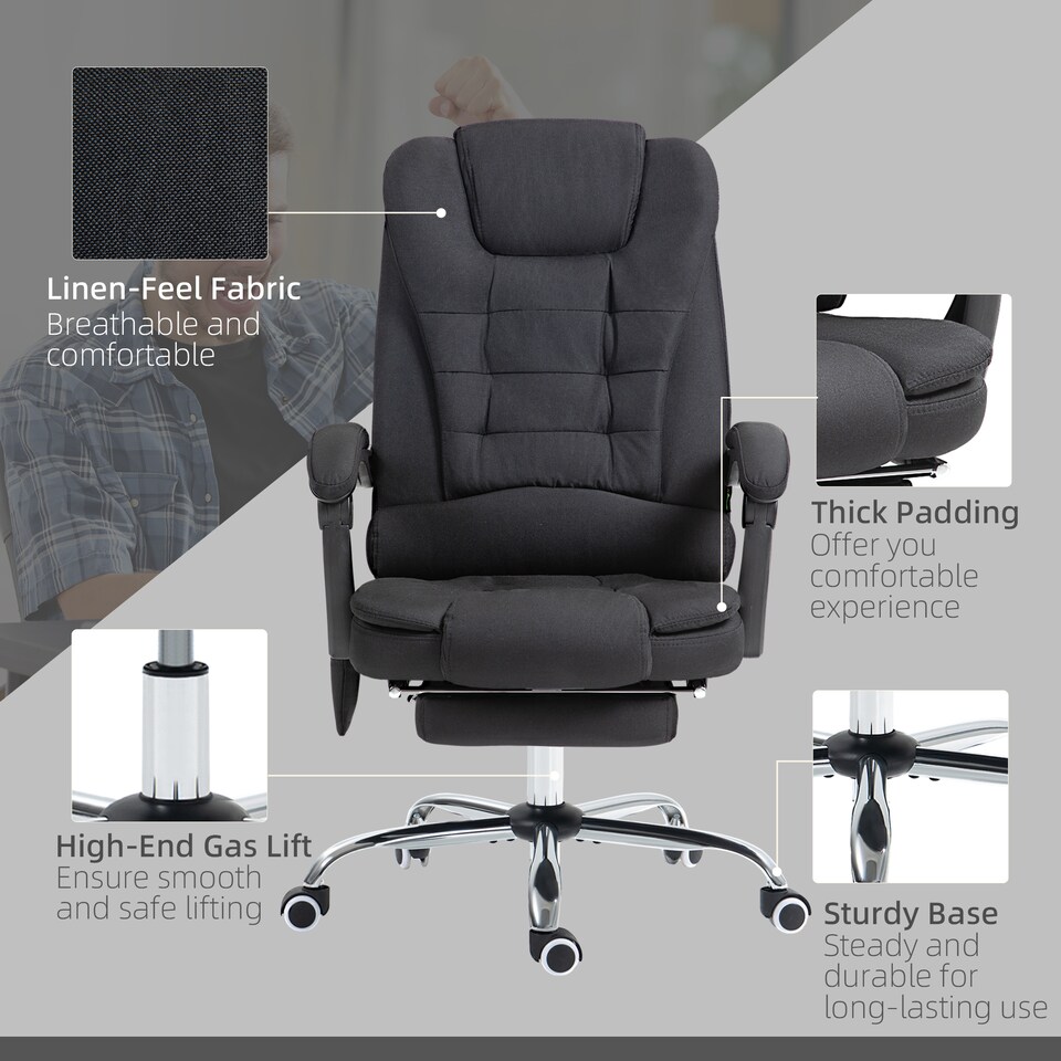 image 1 of Vinsetto Office Chair with 6 Point Massage and Back Heat, Linen Desk Chair with Footrest Adjustable Height and Swivel Wheels, Back Reclining, Black