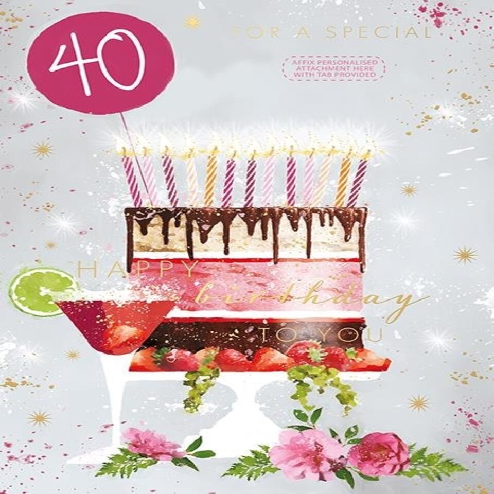 Words 'n' Wishes Female Age 40 Milestone Birthday Card, Special 40th Floral Cake & Recipient Stickers for Daughter, Daughter-in-Law, Wife, Friend, Sister or Mum