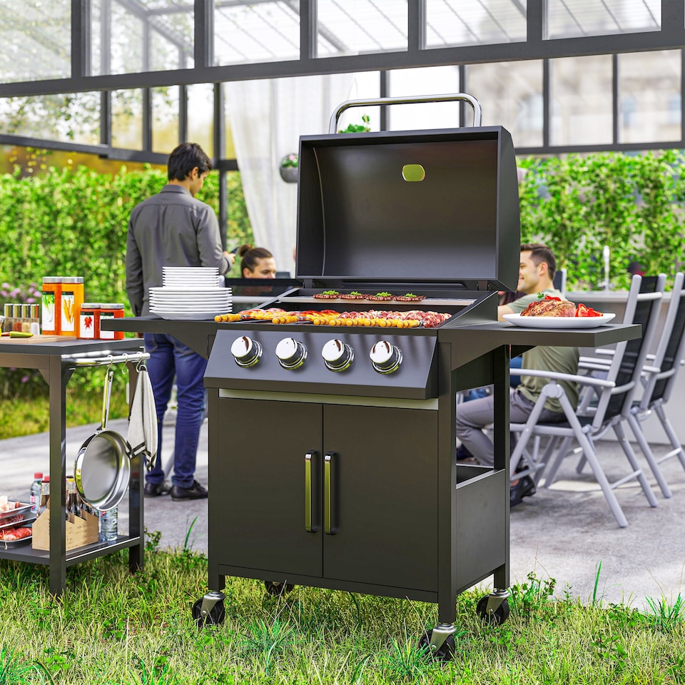 image 1 of Outsunny 4 Burner Gas Grill 11.6 kW Portable Barbecue Trolley with Shelves