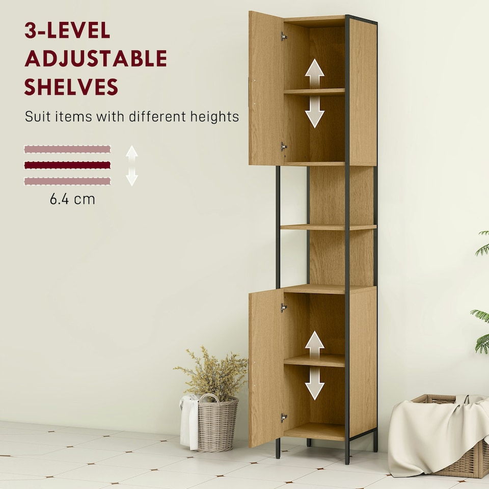 image 1 of HOMCOM Slim Bathroom Storage Cabinet with 2 Doors Open Compartments Natural Brown | Black