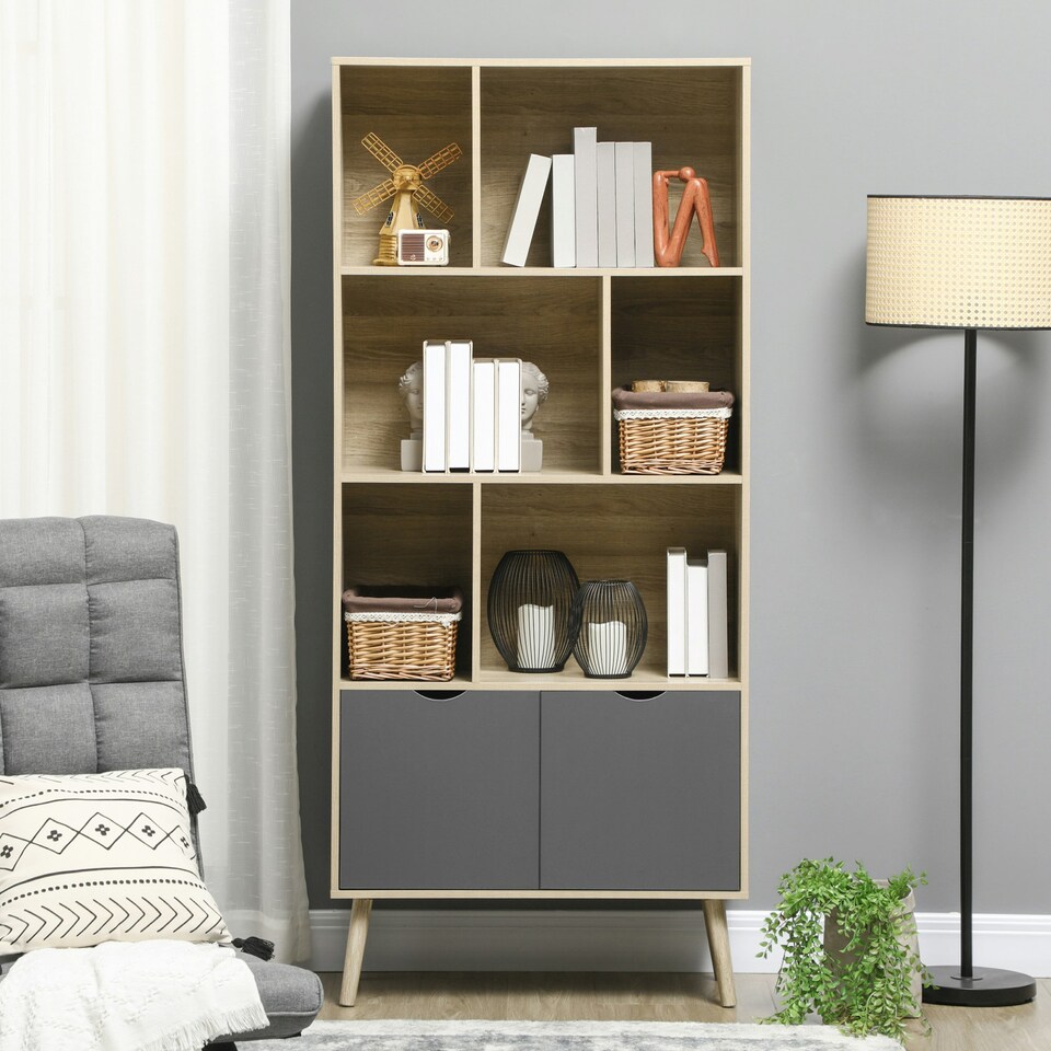 image 1 of HOMCOM Freestanding Bookshelf with Bottom Cabinet and 6 Open Shelves, Natural
